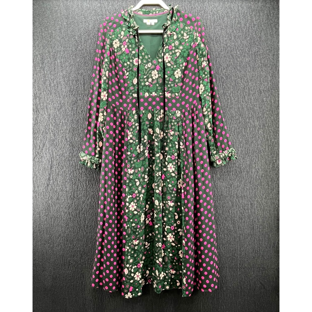 Boden Cecilia Floral Polka Dot Mixed Print Midi Dress Velvet Tie US 10R - Picture 2 of 9